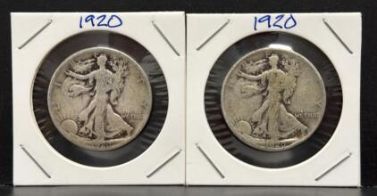 1920 Walking Liberty Half Dollars, Philadelphia, 90% Silver, Circulated, Lot of 2
