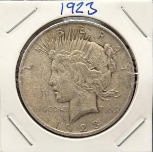 1923 Peace Silver Dollar Coin, Philadelphia Mint, 90% Silver, Circulated, Anthony de Francisci