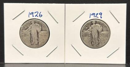 1926 & 1929 Standing Liberty Quarters, 90% Silver, Circulated U.S. 25c Coins, Philadelphia Mint