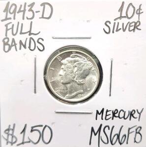 1943-D MS66FB Full Bands Gem Mercury .10c