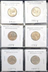 (4) 1964-1980 Brilliant Uncirculated Jefferson Nickel Coins (2) 1981-1987-D Brilliant Uncirculated Jefferson Nickel Coins