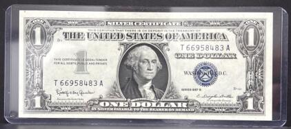 1957B $1 Silver Certificate, Blue Seal, Serial T66958483A, Crisp George Washington Note