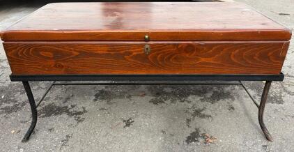 Wooden Storage Chest Coffee Table with Metal Base, Brass Handle, and Locking Lid
