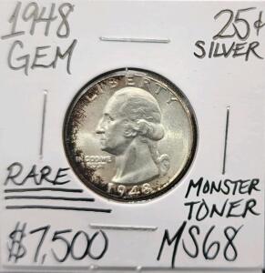 1948 MS68 RARE Monster Toner Gem Silver .25c