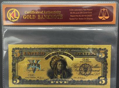 24k Gold-Plated $5 Banknote Replica, KL Make, Serial GOLD 999999