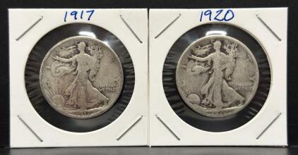 1917 & 1920 Walking Liberty Half Dollar 90% Silver Coins, 2-Coin Lot, Adolph Weinman Design