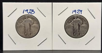 1928 & 1929 Standing Liberty Silver Quarter Dollars, 90% Silver, US Mint, Circulated