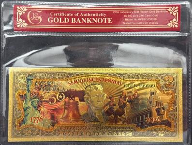 24K Gold-Plated $2 Semiquincentennial America 250th Anniversary Commemorative Banknote w/COA GOLD 999999