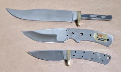 (1) Push Tang 6" Bowie Knife Blade Blank, (1) Full Tang 3.5" Drop Point Knife Blank & (1) Full Tang 3" Drop Point Knife Blank
