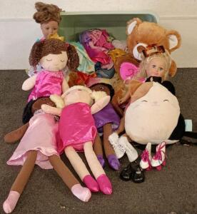 (2) Dolls with Clothes and Accessories, Doll Bed Missing Mattress Board, (4) Plush Dolls, Squish Mellow Bag, Teddy Bear Holding XOXO Heart