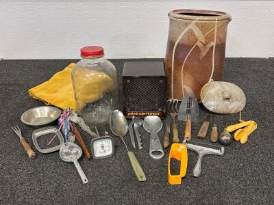 Vintage Kitchen Assortment w/ Stoneware Crock, Pelonis Heater (Tested and Works), French Fry Cutter & Utensils Lot