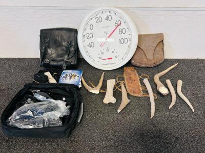 AcuRite Wall Thermometer, Wahl Haircut Kit, Vintage Leather Sheath, Bags & Antlers Lot