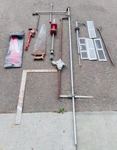 Large Mixed Lot, Olympia Pipe Wrench, KEYCO Utility Tool, HVAC Grilles, Saw, Wheel Lug Wrench