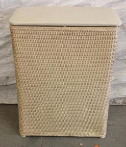 Beige Synthetic Wicker Laundry Hamper, Hinged Lid, 30"x12"x24", Ventilated Base
