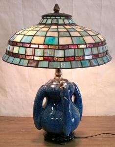 Tiffany-Style Table Lamp, Stained Glass Shade, Blue Ceramic Base, Dual Pull Chains, 20"x16"