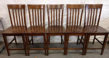 Set of 5 Oak Express Slat-Back Counter-Height Barstools, Brown Wood, 24" Seat, Model 1114135