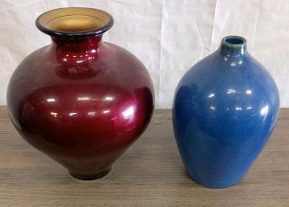 Set of 2 Glossy Ceramic Vases &ndash; Red/Gold & Blue, Modern Decorative Pottery, 13"/12" Tall
