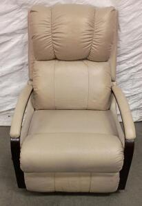Beige Manual Swivel Recliner Lounge Chair with Lever, Wood Armrests, Padded Headrest, Leather Upholstery