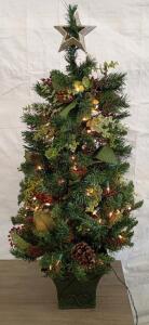 Artificial 24" Tabletop Christmas Tree, Pre-Lit, Pinecones, Berries, Metal Base, Plug-In Power