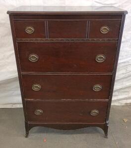 Vintage Tall Chest of Drawers, Dark Finish, 5 Drawers, Brass Pulls, Serial 280, 50" High