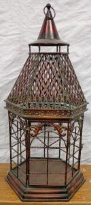 Vintage Ornate Hexagonal Metal Birdcage Lantern, 26" Tall, Bronze Patina, Hanging Loop