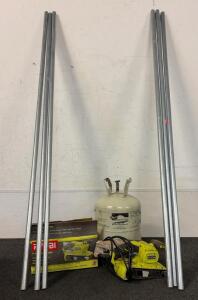 RYOBI BE319 3" x 18" Belt Sander, 6.0 Amp, 820 FPM, Dust Bag, EMT Conduit Poles, (1) Unknown Fullness Container Of Refrigerant