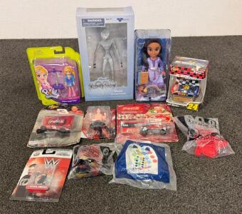 Mixed Lot Sealed Toys: Polly Pocket, Kingdom Hearts Dusk, WWE Figures, NASCAR Diecast, Power Rangers, Disney, Happy Meal