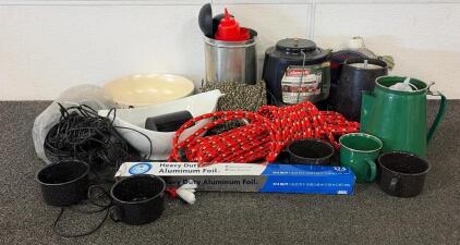 CAMPING BUNDLE!! Including Rope, Vintage Black Enamel Coffee Pot With White Speckles, (1) Coleman Two Mantle Quickpack Latern, And So Much More!!