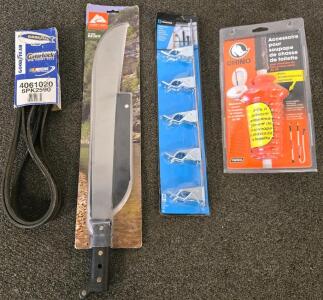 Like New Items Lot: Ozark Trail 18" Machete, Goodyear 6PK2590 Serpentine Belt, Crawford 5-Grip Organizer, Camco Rhino