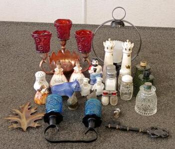 Large Lot Vintage Salt & Pepper Shakers, Glass Lamp Shades, Red Candle Holders, Decorative Key
