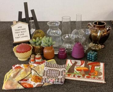 Vintage Home Decor Lot &ndash; Glass Vases, Kitchen Linens, Faux Plants, Apron, Candle, Retro Style