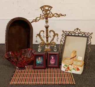 Lot of Vintage Decor: Ornate Candelabra, Brass Frame, Glass Bowl, Ceramic & Woven Baskets