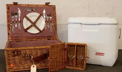 Coleman Cooler White, Picnic Basket for 2 People (Plate, Spoon, Fork, Knife,) Mini Basket with 2 Wine Glasses