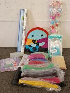 Mixed Party Favor Lot: Plush Pillow, Sunglasses, Glow Sticks, Posters, Phone Cases, Pull Up Resistance Bands with Carry Bag, Crafts