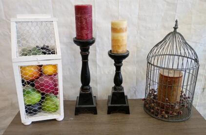 Decorative Home Decor Lot - Black Candle Holders, Birdcage Candle Holder, Rustic Fruit Bin, Candles