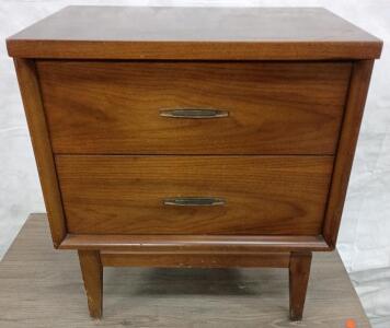 Mid-Century Modern 2-Drawer Walnut Veneer Nightstand, Tapered Legs, 22"W x 16"D x 24"H