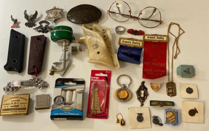 Mixed Vintage Lot: Sturgis Pins, 1937 Idaho Debate Ribbon, Gun Grips, Sheriff Badge, ABC Award