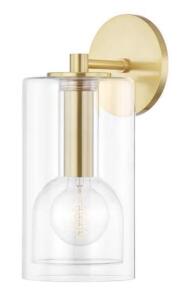 Hudson Valley Lighting Mitzi Steel 1 Light Down Wall Sconce in Modern Style with Clear Glass-14 inches H X 6 inches W-Aged Brass Finish