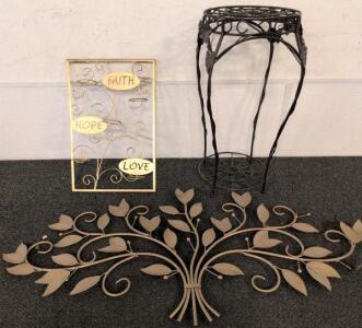 Metal Wall Art Set &ndash; Faith Hope Love Plaque, Tree Branch Wall D&eacute;cor, Wrought Iron Plant Stand