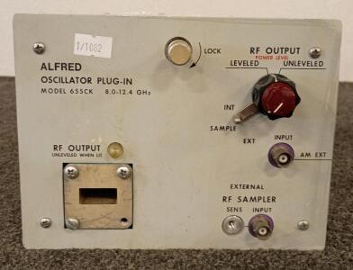 The Alfred Model 655CK 8.0-12.4 GHz is a vintage sweep oscillator plug-in unit designed for use with the Alfred Electronics Model 650 series instruments commonly used for microwave and radio frequency (RF) testing