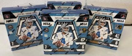 4x 2025 Panini Mosaic NFL Mega Boxes Opened + 100+ Assorted Modern Optic, Score, Mosaic Cards
