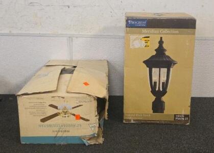 Harbor Breeze 52" Ceiling Fan Brass Finish, Progress Lighting Meridian Outdoor Lantern P5746-31 Black