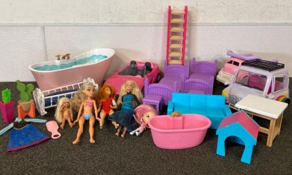 Barbie Compatible Mixed Dollhouse Furniture Lot, 5 Dolls, 3 Vehicles, Accessories