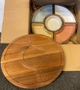 Over&Back Lazy Susan Serving Tray Set, 6-Piece Ceramic & Acacia Wood, 14" Diameter, Multi-Color