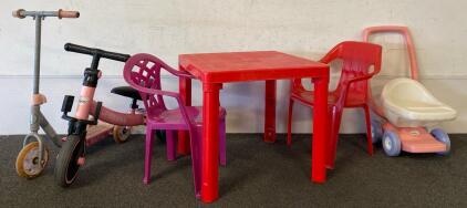 Kids&rsquo; Play Set: Table & 2 Chairs, Besrey Lfintbike Balance Bike, 3-Wheel Scooter, Little Tikes Push Car