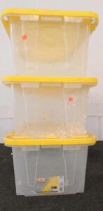 HDX Tough Tote 17 Gal Storage Bins, Clear/Yellow, Stackable, USA Made, 27"x18"x12.5", Lot of 3