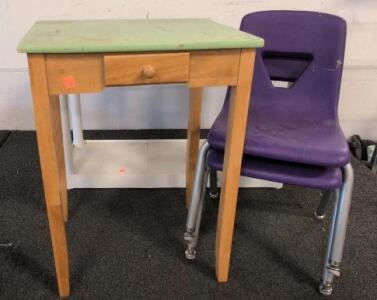 Children's Desk with Drawer, 2 Stackable Purple Chairs & Shelf, Wood & Plastic, 24"x18"x26"