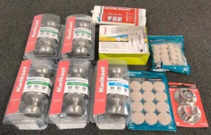 Assorted Hardware Lot: 5 Kwikset Door Knobs, Legrand Cabling Kit, Sealant, Everbilt Felt Pads