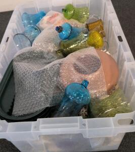 Lot of Multicolor Art Glass Vases and Bottles, Blue/Green/Amber, Packed in Storage Tub