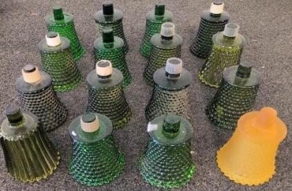 Set of 16 Vintage Hobnail & Ribbed Glass Lamp Shades &ndash; Green & Amber, Bell Shape, 3.5" Fitter
